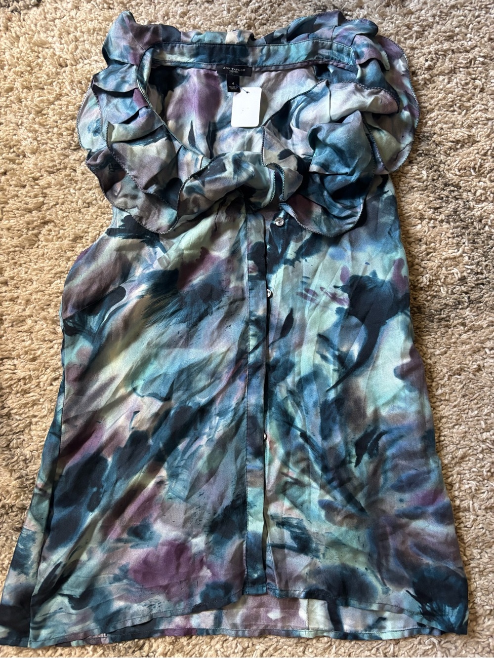Ann Taylor 100% Silk Ruffle Watercolor Blouse size 4 feminine romantic coquette